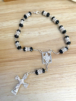  Black Crystal and Silver Rosary Beads 