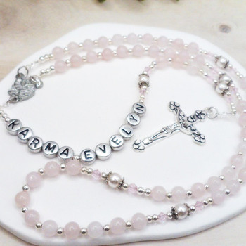 Crystal Faith Collection Rose Quartz & Swarovski Crystal Personalised Rosary Beads for Girls ✝ Elegant Keepsake Gift 
