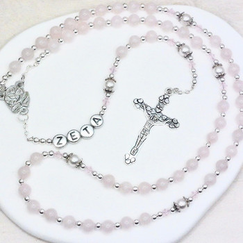 Crystal Faith Collection Rose Quartz & Swarovski Crystal Personalised Rosary Beads for Girls ✝ Elegant Keepsake Gift 