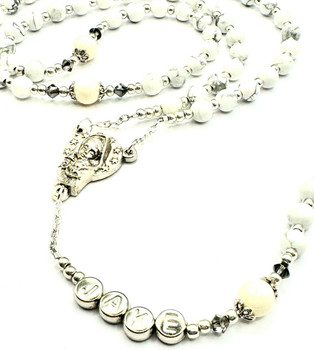 Crystal Faith Collection White Howlite and Swarovski Crystal Rosary - Personalisation included 
