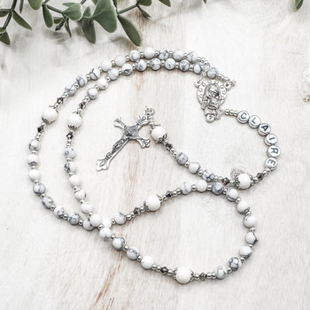 Crystal Faith Collection White Howlite and Swarovski Crystal Rosary - Personalisation included 