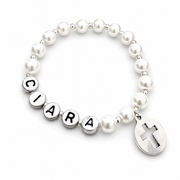 Crystal Faith Collection White Faux Pearl Personalised Catholic Bracelet 