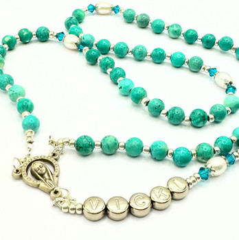 Crystal Faith Collection Turquoise and Freshwater Pearl Swarovski Crystal Rosary  - Personalisation Included  Crystal Faith Collection Turquoise and Freshwater Pearl Swarovski Crystal Rosary  - Personalisation Included