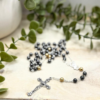 Two Tone Hematite  Men's Rosary Bead Necklace   Two Tone Hematite  Men's Rosary Bead Necklace