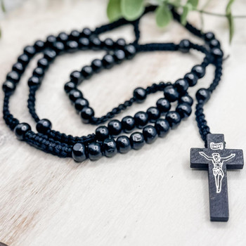 Black Corded Wood Rosary Beads   Black Corded Wood Rosary Beads