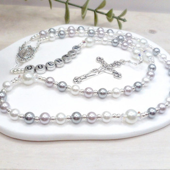 Crystal Faith Collection Faux Pearl and Swarovski Crystal Rosary  - Personalisation Included 
