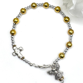  Silver and Gold Angel One Decade Rosary Bracelet 