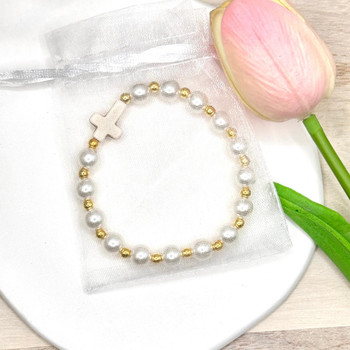  White Faux Pearl Christian Bracelet 