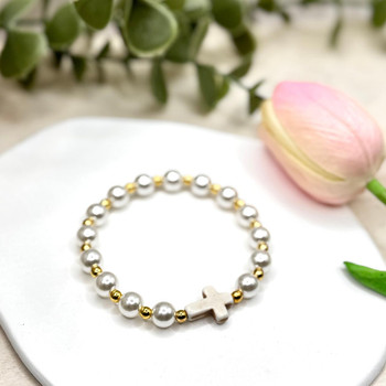  White Faux Pearl Christian Bracelet 