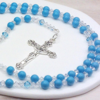  Personalised Turquoise Preciosa & Swarovski Rosary Beads – Custom Name Gift 