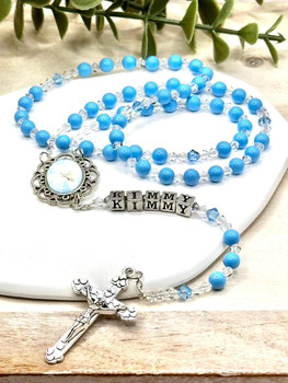  Personalised Turquoise Preciosa & Swarovski Rosary Beads – Custom Name Gift 