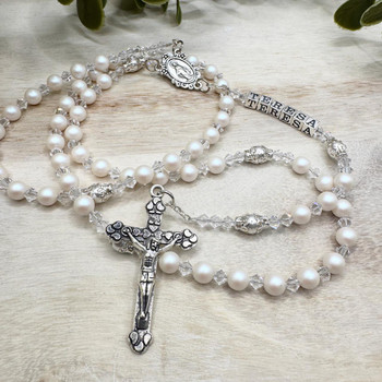  White Rosary Beads – Handmade Swarovski Catholic Rosary for Baptism, Communion or Confirmation 
