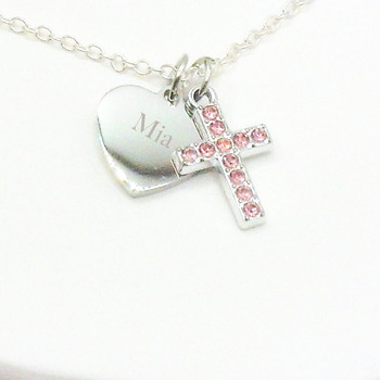  Personalised Pink Crystal Cross Christian Necklace - Confirmation or First Communion Jewellery 