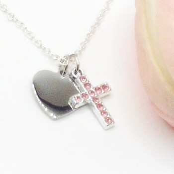  Personalised Pink Crystal Cross Christian Necklace - Confirmation or First Communion Jewellery 