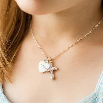  Personalised Pink Crystal Cross Christian Necklace - Confirmation or First Communion Jewellery 