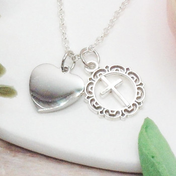 Personalised Cross and Heart Christian Necklace - Confirmation or First Communion Jewellery   Personalised Cross and Heart Christian Necklace - Confirmation or First Communion Jewellery