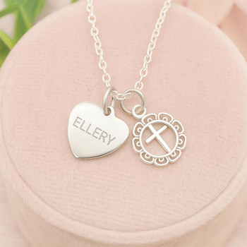 Personalised Cross and Heart Christian Necklace - Confirmation or First Communion Jewellery   Personalised Cross and Heart Christian Necklace - Confirmation or First Communion Jewellery