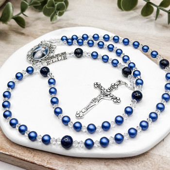 Personalised Blue Swarovski Pearls & Lapis Lazuli Rosary Beads – Handmade Catholic Gift   Personalised Blue Swarovski Pearls & Lapis Lazuli Rosary Beads – Handmade Catholic Gift