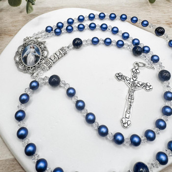 Personalised Blue Swarovski Pearls & Lapis Lazuli Rosary Beads – Handmade Catholic Gift   Personalised Blue Swarovski Pearls & Lapis Lazuli Rosary Beads – Handmade Catholic Gift