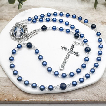Personalised Blue Swarovski Pearls & Lapis Lazuli Rosary Beads – Handmade Catholic Gift   Personalised Blue Swarovski Pearls & Lapis Lazuli Rosary Beads – Handmade Catholic Gift