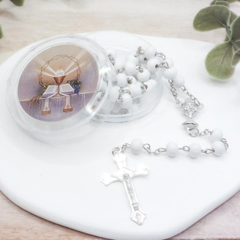  White Wooden Communion Rosary Beads with Rosary Box 