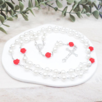  Red Rose White Faux Pearl Personalised Rosary Beads 