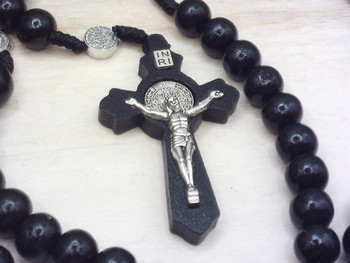  Saint Benedict Black Wood Corded Rosary Beads 