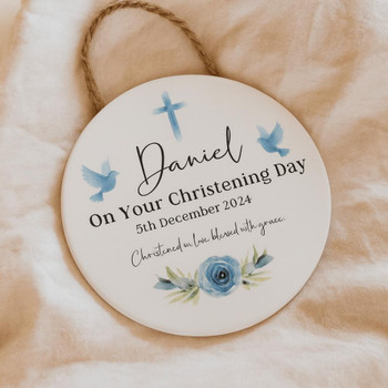  Personalised Christening Ceramic Hanging Plaque  - Blue 