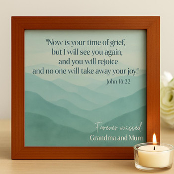 Ceramic Memorial Photo Frame – Misty Mountains with John 16:22 Scripture Verse   Ceramic Memorial Photo Frame – Misty Mountains with John 16:22 Scripture Verse