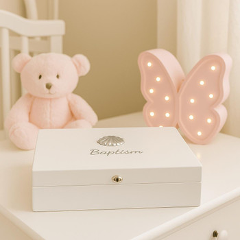 Baptism Keepsake Memory Box – White Wood with Engraving Option   Baptism Keepsake Memory Box – White Wood with Engraving Option