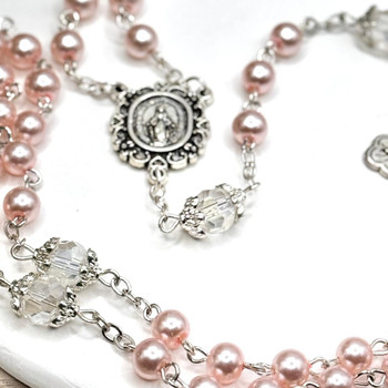  Pink Rosary Beads with Crystal Accents – 5 Decade Catholic Keepsake 