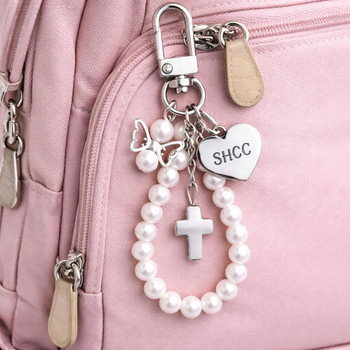  Personalised Pearl Cross Keyring with Heart Tag – School Graduation Gift (Bulk Orders) 