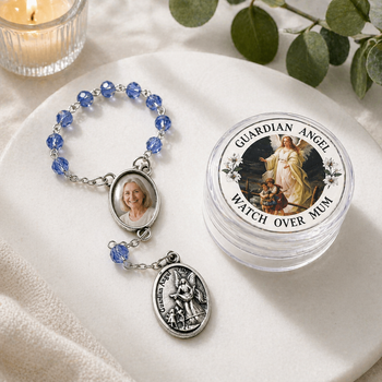 personalised rosary bracelet memorial, photo rosary bracelet keepsake, memorial jewellery australia, sympathy gift rosary bracelet, personalised remembrance gift, catholic memorial bracelet, saint keepsake box gift australia