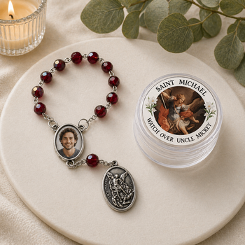 Personalised Memorial Rosary Bracelet with Photo & Saint Keepsake Box