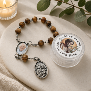 Personalised Memorial Rosary Bracelet with Photo & Saint Keepsake Box