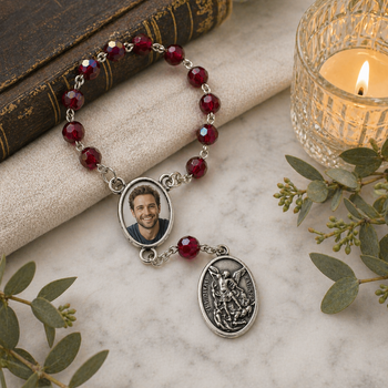 personalised rosary bracelet memorial, photo rosary bracelet keepsake, memorial jewellery australia, sympathy gift rosary bracelet, personalised remembrance gift, catholic memorial bracelet, saint keepsake box gift australia