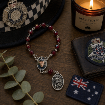 personalised rosary bracelet memorial, photo rosary bracelet keepsake, memorial jewellery australia, sympathy gift rosary bracelet, personalised remembrance gift, catholic memorial bracelet, saint keepsake box gift australia