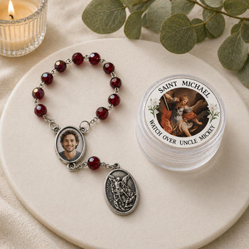  Personalised Memorial Rosary Bracelet with Photo & Saint Keepsake Box 