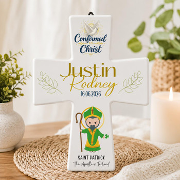  Personalised Confirmation Cross with Saint – Ceramic Standing Cross Keepsake Gift 