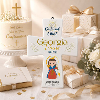  Personalised Confirmation Cross with Saint – Ceramic Standing Cross Keepsake Gift 