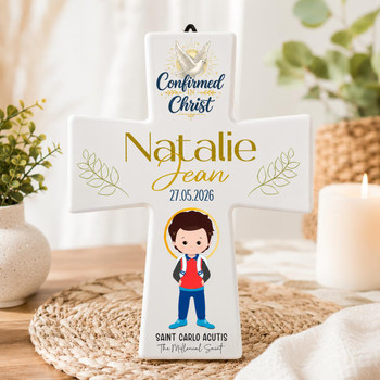  Personalised Confirmation Cross with Saint – Ceramic Standing Cross Keepsake Gift 