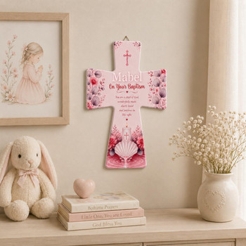  Personalised Australiana Baptism Cross Plaque – Pink or Blue Eucalyptus Cross Gift 