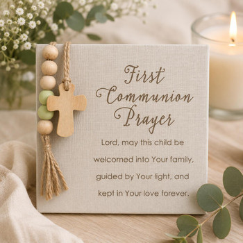  First Holy Communion Prayer Plaque with Wooden Cross & Beads - 15cm 