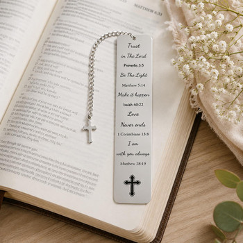  Personalised Stainless Steel Christian Bookmark with Cross Charm | Engraved Bible Bookmark 