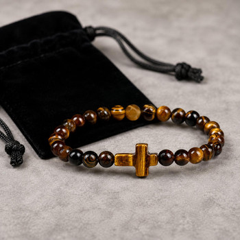  Tiger Eye Cross Bracelet for Men & Teen Boys | Natural Gemstone Christian Bracelet 