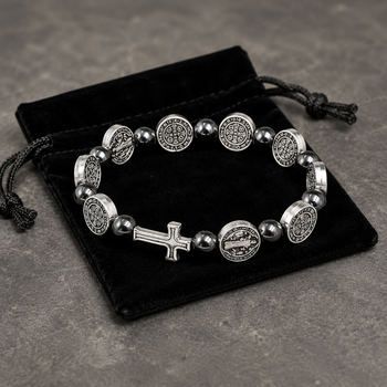 Saint Benedict bracelet, Saint Benedict hematite bracelet, Catholic bracelet Australia, Saint Benedict medal bracelet, Confirmation gift for boy, Catholic gift for teenage boy, Christian bracelet for boys, hematite bracelet, religious bracelet Australia, Catholic jewellery, Saint Benedict protection bracelet, faith bracelet for boys, Catholic Confirmation gift, Christian jewellery Australia, Saint Benedict gift