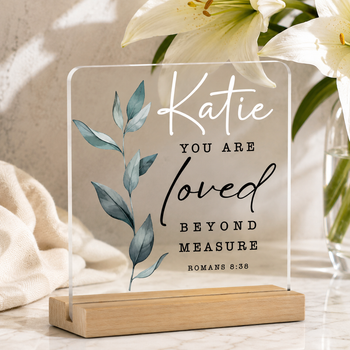 Christian acrylic plaque, You Are Loved Beyond Measure, Romans 8 38 gift, Christian home decor Australia, religious plaque, acrylic Bible verse plaque, faith gift Australia, Christian encouragement gift, religious home decor, Christian desk decor, inspirational plaque, wooden stand plaque, Christian keepsake, Bible verse gift, religious gift Australia, personalised Christian gift