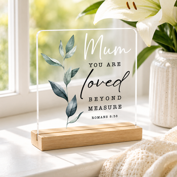 Christian acrylic plaque, You Are Loved Beyond Measure, Romans 8 38 gift, Christian home decor Australia, religious plaque, acrylic Bible verse plaque, faith gift Australia, Christian encouragement gift, religious home decor, Christian desk decor, inspirational plaque, wooden stand plaque, Christian keepsake, Bible verse gift, religious gift Australia, personalised Christian gift