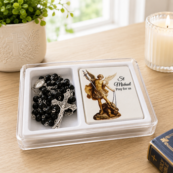 St Michael rosary, Saint Michael rosary beads, St Michael gift set, St Michael plaque, Pray for us plaque, Catholic gift Australia, Archangel Michael gift, black rosary beads, Catholic rosary set, Confirmation gift, religious gift Australia, St Michael devotional gift, Catholic protection gift