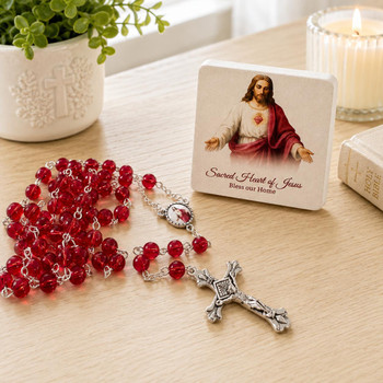  Sacred Heart of Jesus Rosary & Bless Our Home Plaque Gift Set | Catholic Gift Australia 